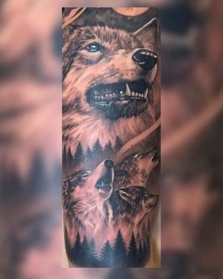 A man's arm featuring a detailed tattoo of three wolves in a dynamic and artistic design.